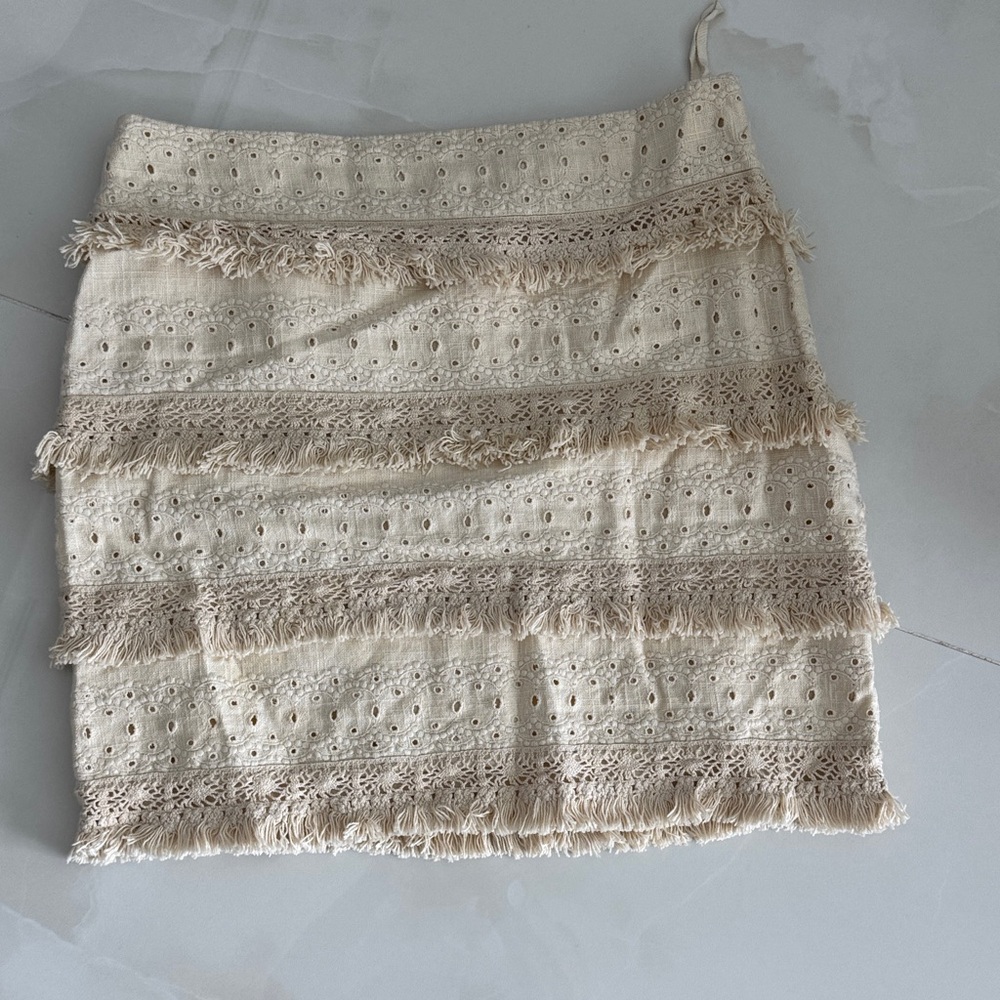 Anthropology HD in Paris Cream Eyelet Fringe Mini Skirt